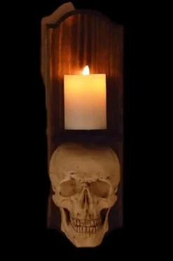 Classic Skull Wall Sconce Style II w/ Ivory Flameless Candle Haunted House Lighting