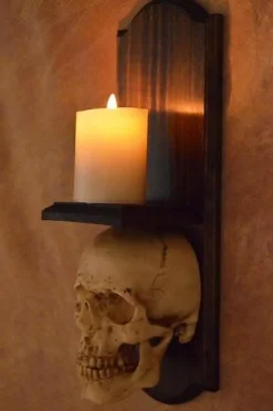 Classic Skull Wall Sconce Style II w/ Ivory Flameless Candle Haunted House Lighting
