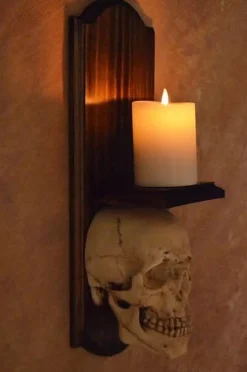 Classic Skull Wall Sconce Style II w/ Ivory Flameless Candle Haunted House Lighting