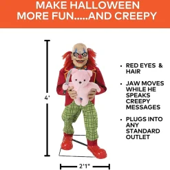 4 Ft. Creepy Clown with Pink Bear Halloween Animatronic