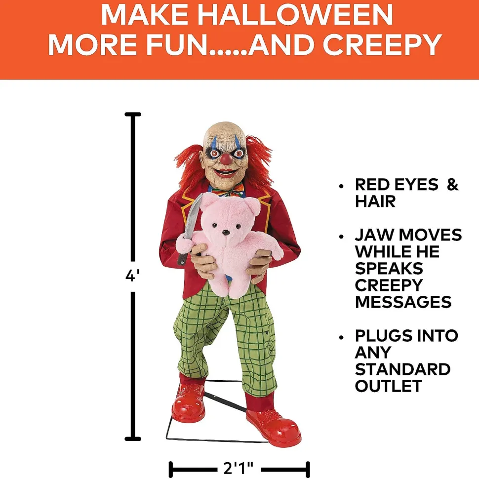 4 Ft. Creepy Clown with Pink Bear Halloween Animatronic