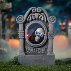 22” Gray Tombstone with Light-Up Moving Skeleton Head Halloween Decoration