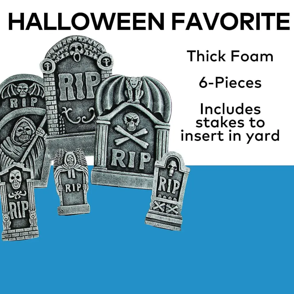 Grim Reaper RIP Foam Tombstone Halloween Decorations Set – 6 Pc.