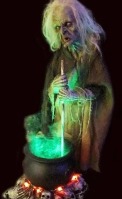 Helga the Witch with Smoking Cauldron Halloween Prop