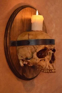 Skull Plaque Wood Sconce with Flameless Candle