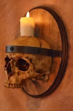 Skull Plaque Wood Sconce with Flameless Candle